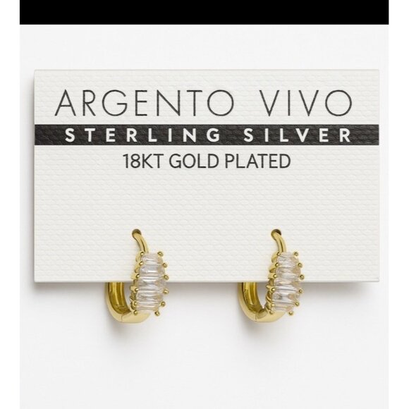 Argento Vivo 18K Gold Plated Sterling Silver Baguette CZ Huggie Hoop Earrings - Picture 1 of 5